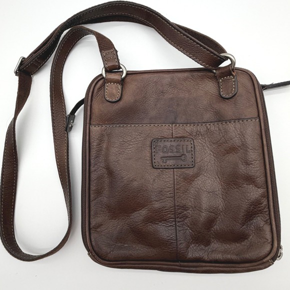 Fossil Handbags - Fossil ZB2840 Brown Leather Crossbody Messenger Bag Small Square Organizer